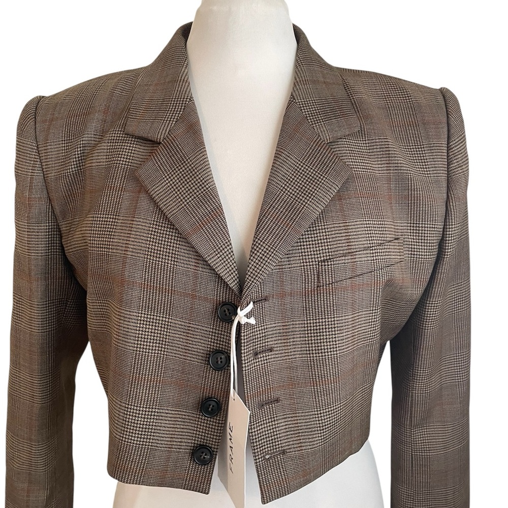 NWT Frame Denim Cropped Blazer Brown Check Print S/P plaid tiny jacket
